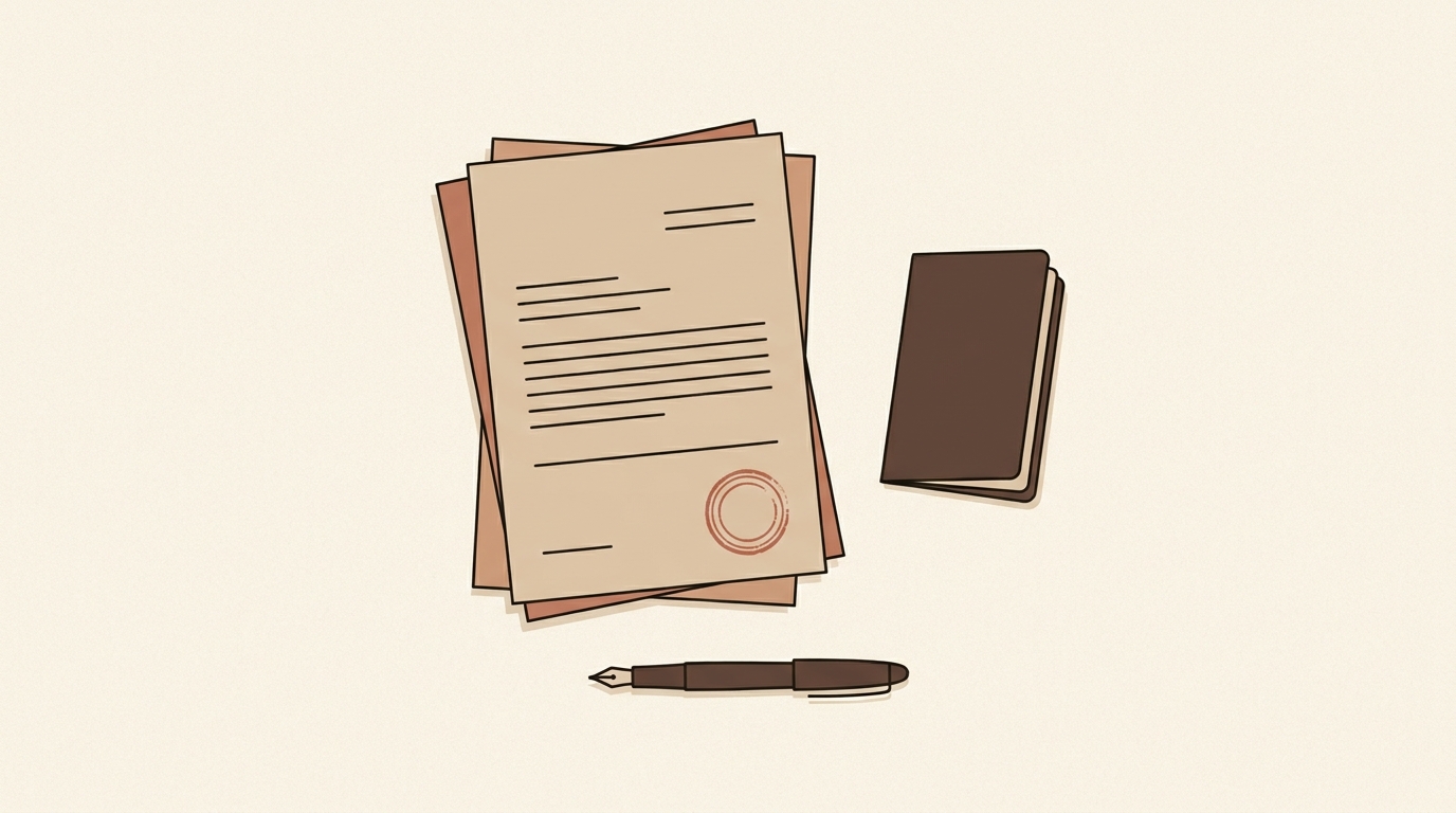 Illustration of an official form with a stamp, a passport and a pen on a desk