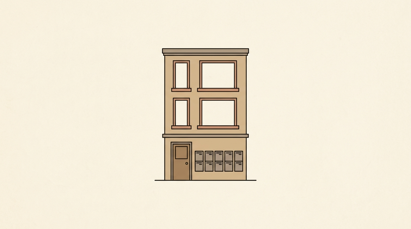 Illustration of an apartment building facade with a row of mailboxes